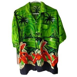 Caribbean Surf Hawaiian Mens Sz Large Sleeve Beach Palm Tree Flowers Button Down